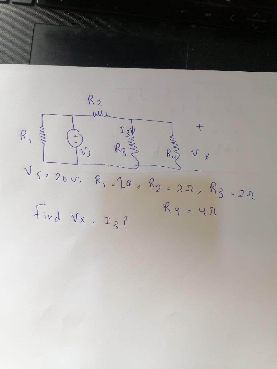 R₁
R₂
www
alt
ctri
R3
Vs
√S = 20 v₁ R₁ =20, R₂ = 2r, Rz=2r
Ry = 47
Find √x, 13?