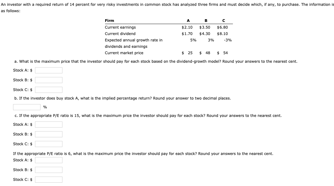 An investor with a required return of 14 percent for very risky investments in common stock has analyzed three firms and must decide which, if any, to purchase. The information is
as follows:
Firm
A
B
Current earnings
$2.10
$3.50
$6.80
Current dividend
$1.70
$4.30
$8.10
Expected annual growth rate in
5%
3%
-3%
dividends and earnings
Current market price
$ 25 $ 48
$ 54
a. What is the maximum price that the investor should pay for each stock based on the dividend-growth model? Round your answers to the nearest cent.
Stock A: $
Stock B: $
Stock C: $
b. If the investor does buy stock A, what is the implied percentage return? Round your answer to two decimal places.
%
c. If the appropriate P/E ratio is 15, what is the maximum price the investor should pay for each stock? Round your answers to the nearest cent.
Stock A: $
Stock B: $
Stock C: $
If the appropriate P/E ratio is 6, what is the maximum price the investor should pay for each stock? Round your answers to the nearest cent.
Stock A: $
Stock B: $
Stock C: $
