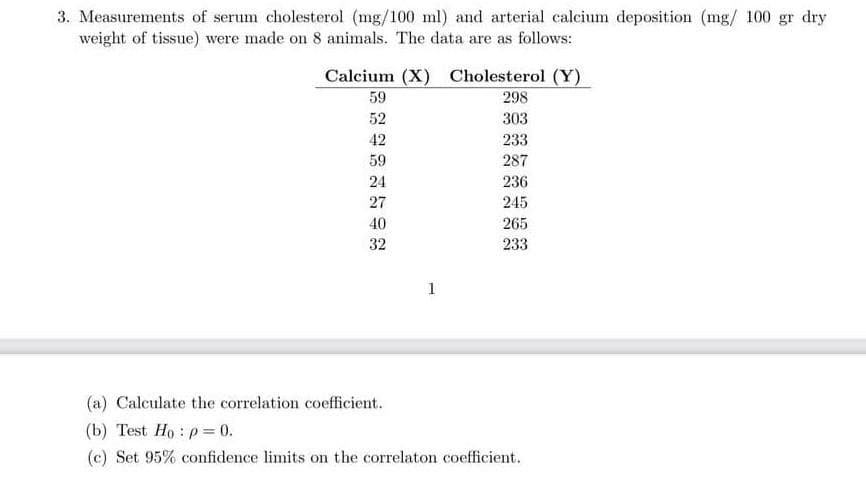 3. Measurements of serum cholesterol (mg/100 ml) and arterial calcium deposition (mg/ 100 gr dry
weight of tissue) were made on 8 animals. The data are as follows:
Calcium (X) Cholesterol (Y)
59
298
52
303
42
233
59
287
24
236
27
245
40
265
32
233
1
(a) Calculate the correlation coefficient.
(b) Test Ho: p = 0.
(c) Set 95% confidence limits on the correlaton coefficient.
