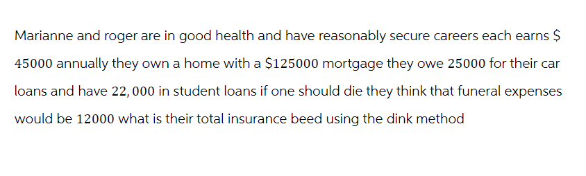 Marianne and roger are in good health and have reasonably secure careers each earns $
45000 annually they own a home with a $125000 mortgage they owe 25000 for their car
loans and have 22,000 in student loans if one should die they think that funeral expenses
would be 12000 what is their total insurance beed using the dink method