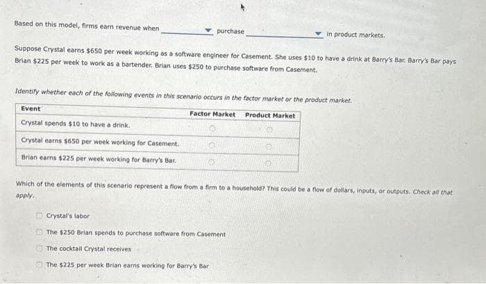 Based on this model, firms earn revenue when
purchase
Suppose Crystal earns $650 per week working as a software engineer for Casement. She uses $10 to have a drink at Barry's Bar. Barry's Bar pays
Brian $225 per week to work as a bartender. Brian uses $250 to purchase software from Casement.
Event
Crystal spends $10 to have a drink.
Identify whether each of the following events in this scenario occurs in the factor market or the product market.
Factor Market Product Market
Crystal earns $650 per week working for Casement.
Brian earns $225 per week working for Barry's Bar.
in product markets.
Which of the elements of this scenario represent a flow from a firm to a household? This could be a flow of dollars, inputs, or outputs. Check all that
apply.
Crystal's labor
The $250 Brian spends to purchase software from Casement
The cocktail Crystal receives
The $225 per week Brian earns working for Barry's Bar