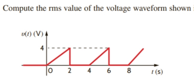 Compute the rms value of the voltage waveform shown
v(t) (V) 4
4
2 4 6 8
t (s)
