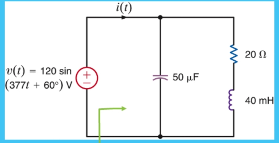 i(t)
20 Ω
v(t) = 120 sin
(377t + 60°) V
50 μΕ
40 mH
