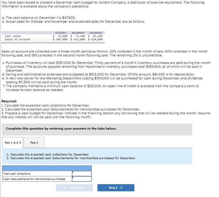 You have been asked to prepare a December cash budget for Ashton Company, a distributor of exercise equipment. The following
information is available about the company's operations:
a. The cash balance on December 1 is $47,600.
b. Actual sales for October and November and expected sales for December are as follows:
October
November
December
$ 78,800 $ 74,400 $ 89, 500
$ 485,800 $ 615,000 $ 628,000
Cash sales
Sales on account
Sales on account are collected over a three-month period as follows: 20% collected in the month of sale, 60% collected in the month
following sale, and 18% collected in the second month following sale. The remaining 2% is uncollectible.
c. Purchases of inventory will total $351,000 for December. Thirty percent of a month's inventory purchases are paid during the month
of purchase. The accounts payable remaining from November's inventory purchases total $194,500, all of which will be paid in
December.
d. Selling and administrative expenses are budgeted at $512,000 for December. Of this amount, $81.400 is for depreciation.
e. A new web server for the Marketing Department costing s104.000 will be purchased for cash during December, and dividends
totaling $11,500 will be paid during the month.
f. The company maintains a minimum cash balance of $20,000. An open line of credit is available from the company's bank to
increase its cash balance as needed.
Requlred:
1. Calculate the expected cash collections for December.
2 Calculate the expected cash disbursements for merchandise purchases for December.
3. Prepare a cash budget for December. Indicate in the financing section any borrowing that will be needed during the month. Assume
that any interest will not be paid unti the following month.
Complete this question by entering your answers in the tabs below.
Reg 1 and 2
Reg 3
1. Calculate the expected cash collections for December.
2. Calculate the expected cash disbursements for merchandise purchases for December.
Total cash collections
Cash disbursements for merchandise purchases
Req 1 and 2
Req 3 >
