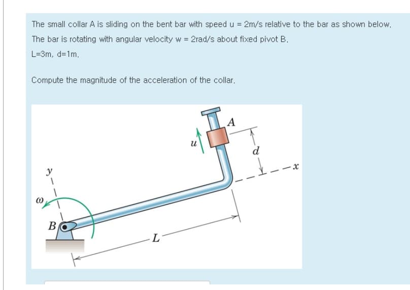 The small collar A is sliding on the bent bar with speed u = 2m/s relative to the bar as shown below.
The bar is rotating with angular velocity w = 2rad/s about fixed pivot B.
L=3m, d=1m.
Compute the magnitude of the acceleration of the collar,
B
L
IA
d
-x