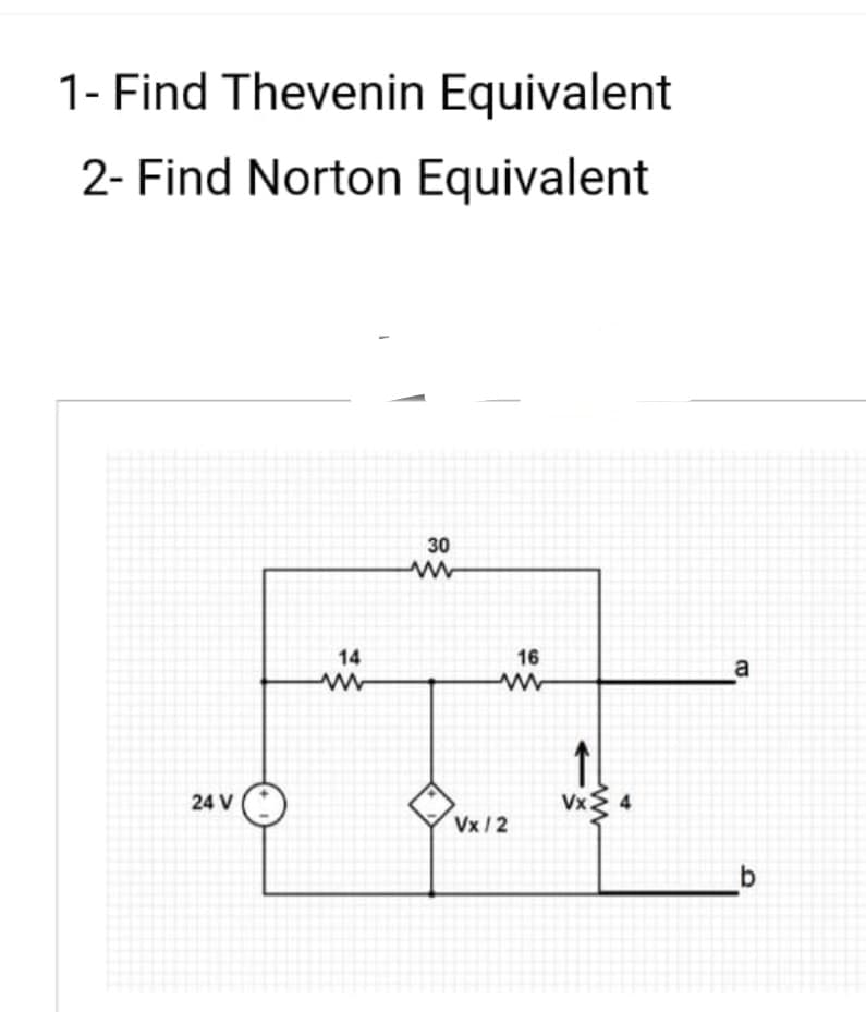 1- Find Thevenin Equivalent
2- Find Norton Equivalent
24 V
14
30
www
Vx/2
16
1.
Vx 4
a
b