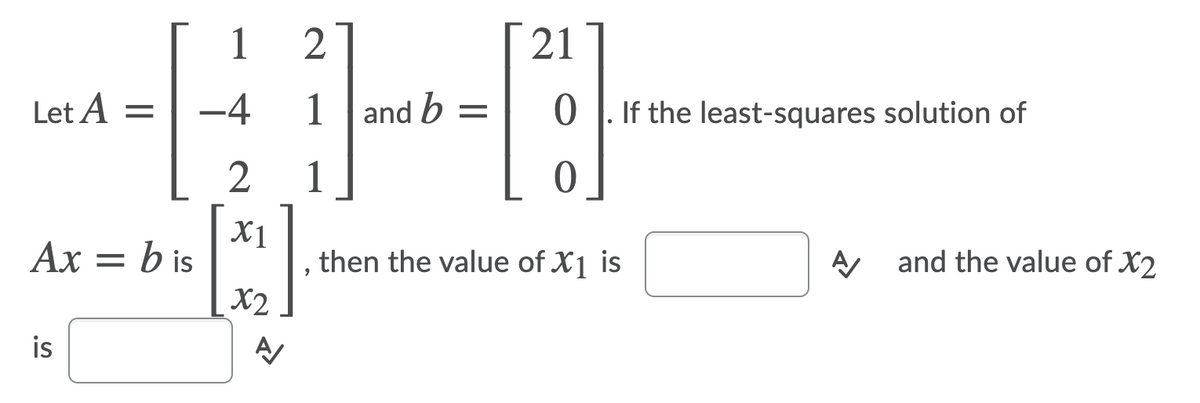 1
2
21
Let A =
-4
1
and b =
0 |. If the least-squares solution of
1
Ax = b is
X1
then the value of X1 is
A and the value of X2
X2
is
