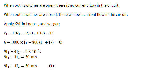 When both switches are open, there is no current flow in the circuit.
When both switches are closed, there will be a current flow in the circuit.
Apply KVL in Loop-1, and we get;
ɛ1 - I, RĮ – R2 (Ij + I2) = 0;
6 – 1000 x I – 800 (Ij + I2) = 0;
91, + 412 = 3 x 10-2;
911 + 412 = 30 mA
911 + 412 = 30 mA
(1)
