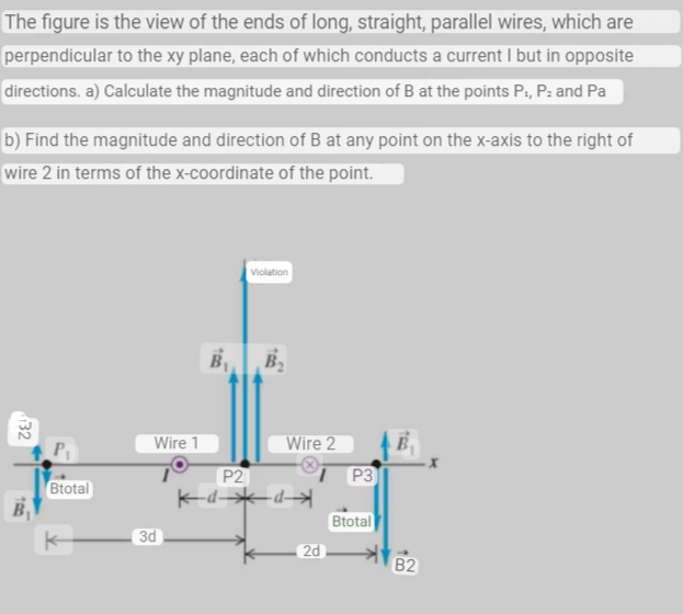 The figure is the view of the ends of long, straight, parallel wires, which are
perpendicular to the xy plane, each of which conducts a current I but in opposite
directions. a) Calculate the magnitude and direction of B at the points P₁, P. and Pa
b) Find the magnitude and direction of B at any point on the x-axis to the right of
wire 2 in terms of the x-coordinate of the point.
132
B₁
Btotal
Wire 1
3d
Violation
B₁, B₂
Wire 2
P2
kd☀d
2d
P3
Btotal
B2