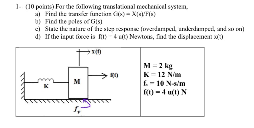 1- (10 points) For the following translational mechanical system,
a) Find the transfer function G(s) = X(s)/F(s)
b) Find the poles of G(s)
c) State the nature of the step response (overdamped, underdamped, and so on)
d) If the input force is f(t) = 4 u(t) Newtons, find the displacement x(t)
x(t)
M = 2 kg
f(t)
K = 12 N/m
M
K
fy=10 N-s/m
f(t) = 4 u(t) N
Sv