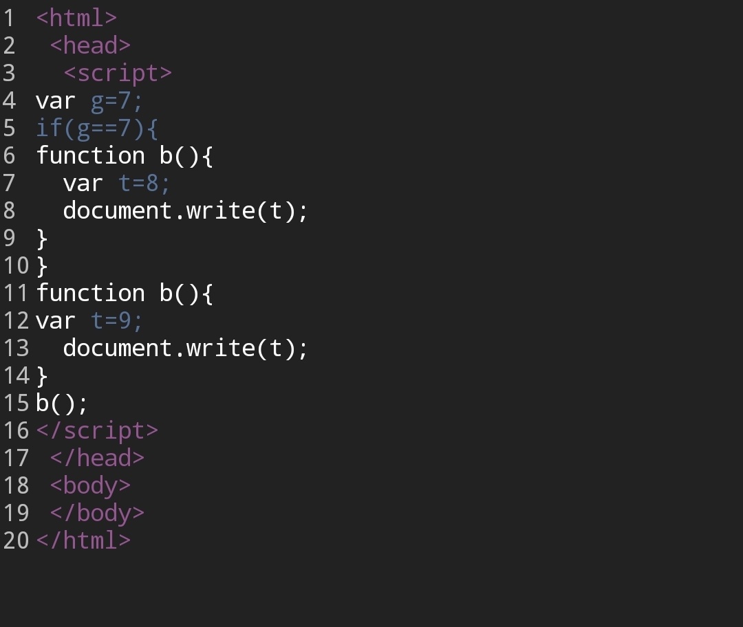 1 <html>
<head>
2
<script>
4 var g=7;
5 if(g==7){
6 function b(){
var t=8;
document.write(t);
9 }
10 }
11 function b(){
12 var t=9;
3
7
8
13
document.write(t);
14}
15 b();
16 </script>
17 </head>
18 <body>
19 </body>
20 </html>
