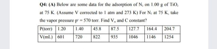 Q4: (A) Below are some data for the adsorption of N; on 1.00 g of TiO,
at 75 K. (Assume V corrected to 1 atm and 273 K) For N, at 75 K, take
the vapor pressure p 570 torr. Find V and C constant?
P(torr) 1.20
1.40
45.8
87.5
127.7
164.4
204.7
V(mL) 601
720
822
935
1046
1146
1254
