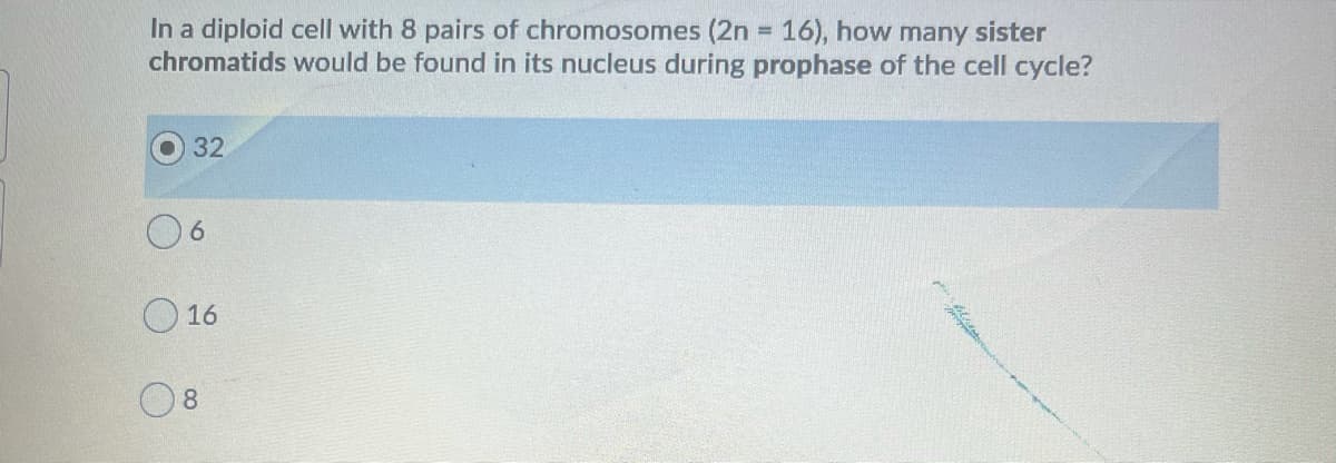 In a diploid cell with 8 pairs of chromosomes (2n = 16), how many sister
chromatids would be found in its nucleus during prophase of the cell cycle?
%3D
32
6.
16
8.
