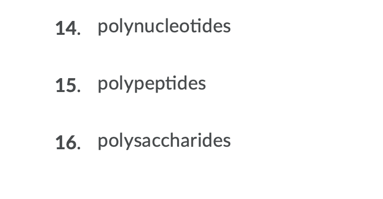 14. polynucleotides
15. polypeptides
16. polysaccharides
