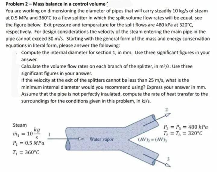 Problem 2 - Mass balance in a control volume
You are working on dimensioning the diameter of pipes that will carry steadily 10 kg/s of steam
at 0.5 MPa and 360°C to a flow splitter in which the split volume flow rates will be equal, see
the figure below. Exit pressure and temperature for the split flows are 480 kPa at 320°C,
respectively. For design considerations the velocity of the steam entering the main pipe in the
pipe cannot exceed 30 m/s. Starting with the general form of the mass and energy conservation
equations in literal form, please answer the following:
. Compute the internal diameter for section 1, in mm. Use three significant figures in your
answer.
Calculate the volume flow rates on each branch of the splitter, in m³/s. Use three
significant figures in your answer.
If the velocity at the exit of the splitters cannot be less than 25 m/s, what is the
minimum internal diameter would you recommend using? Express your answer in mm.
Assume that the pipe is not perfectly insulated, compute the rate of heat transfer to the
surroundings for the conditions given in this problem, in kJ/s.
Steam
mh, 10-
P₁ = 0.5 MPa
T₁ = 360°C
kg
Water vapor
P₂ P3 = 480 kPa
T₂ = T3 = 320°C
(AV)₂ = (AV),
3