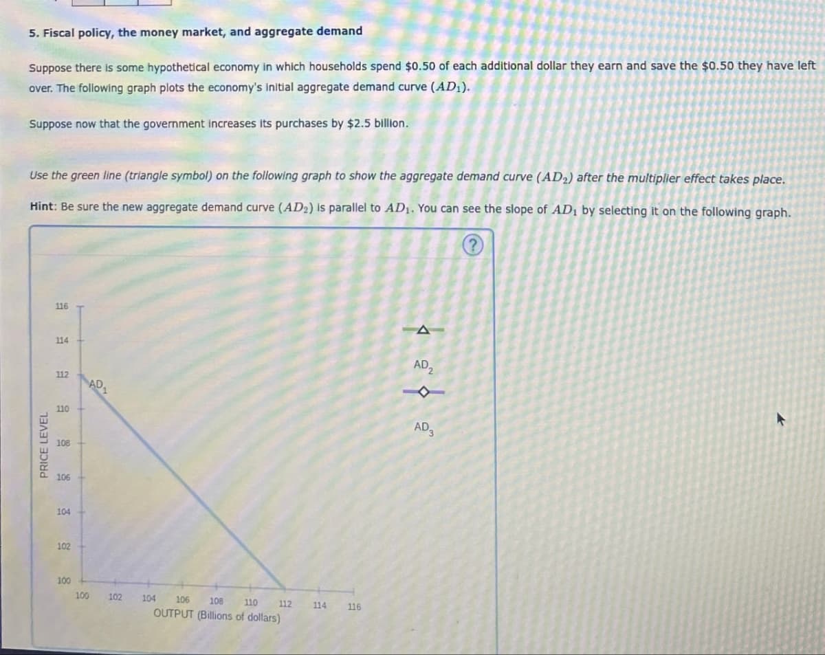 PRICE LEVEL
5. Fiscal policy, the money market, and aggregate demand
Suppose there is some hypothetical economy in which households spend $0.50 of each additional dollar they earn and save the $0.50 they have left
over. The following graph plots the economy's initial aggregate demand curve (AD1).
Suppose now that the government increases its purchases by $2.5 billion.
Use the green line (triangle symbol) on the following graph to show the aggregate demand curve (AD) after the multiplier effect takes place.
Hint: Be sure the new aggregate demand curve (AD2) is parallel to AD₁. You can see the slope of AD₁ by selecting it on the following graph.
(?)
116
114
112
AD
110
108
106
104
102
100
100
102
104
106
108
110
112
114
116
OUTPUT (Billions of dollars)
4 4
AD₂
4
AD3