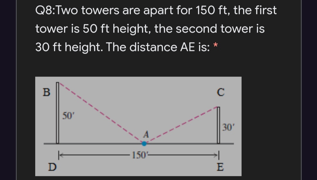 Q8:Two towers are apart for 150 ft, the first
tower is 50 ft height, the second tower is
30 ft height. The distance AE is: *
B
C
50'
30'
150-
D
E
