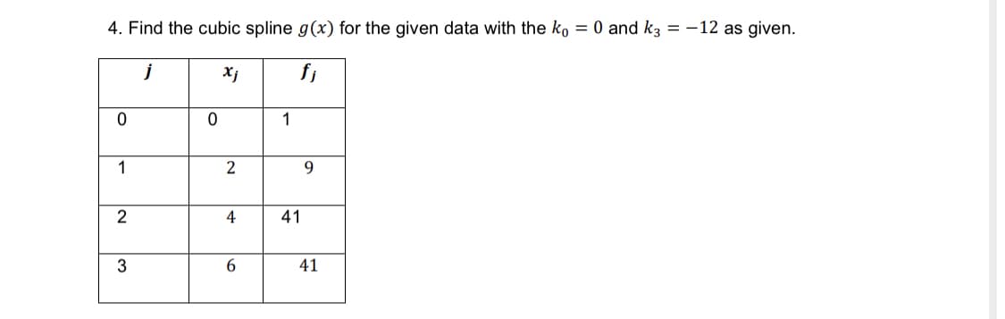 4. Find the cubic spline g(x) for the given data with the ko = 0 and k3 = -12 as given.
j
Xj
fi
1
2
9
4
41
3
41
