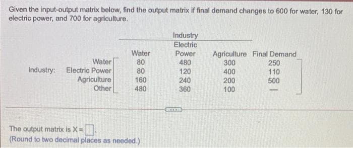 Given the input-output matrix below, find the output matrix if final demand changes to 600 for water, 130 for
electric power, and 700 for agriculture.
Industry
Electric
Water
Power
480
Water
Electric Power
Agriculture
Other
Agriculture Final Demand
300
400
200
100
80
80
250
110
500
Industry:
120
160
240
480
360
-
The output matrix is X=
(Round to two decimal places as needed.)
