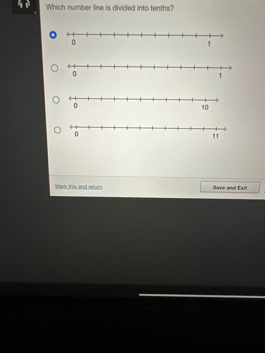 Which number line is divided into tenths?
O
+++
0
0
0
0
Mark this and return
10
11
Save and Exit