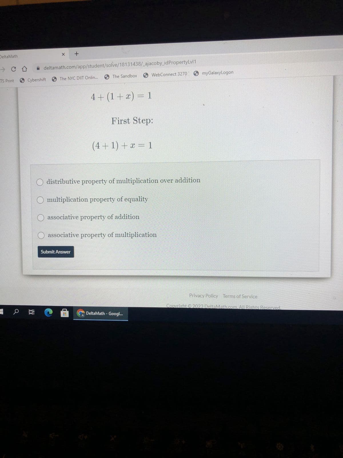 ### Educational Content on Elementary Algebraic Properties

**Algebraic Equation and Properties**

**Problem:**
\[ 4 + (1 + x) = 1 \]

**First Step:**
\[ (4 + 1) + x = 1 \]

**Question:**
Identify the property used in transforming the equation in the first step.

**Options:**
1. Distributive property of multiplication over addition
2. Multiplication property of equality
3. Associative property of addition
4. Associative property of multiplication

**Answer Choice Section:**
- O Distributive property of multiplication over addition
- O Multiplication property of equality
- O Associative property of addition
- O Associative property of multiplication

**Submit Answer Button:** 

A button labeled "Submit Answer."

**Website Footer:**
- **Privacy Policy**
- **Terms of Service**

**Copyright Information:**
© 2023 DeltaMath.com. All Rights Reserved.

---

### Explanation of Concepts

1. **Distributive Property of Multiplication over Addition:**
   The distributive property states that multiplying a sum by a number gives the same result as multiplying each addend by the number and then adding the products.
   \[ a(b + c) = ab + ac \]

2. **Multiplication Property of Equality:**
   This property states that when both sides of an equation are multiplied by the same non-zero number, the sides remain equal.
   \[ a = b \Rightarrow ac = bc \]

3. **Associative Property of Addition:**
   The associative property of addition states that the way in which numbers are grouped in addition does not change their sum.
   \[ (a + b) + c = a + (b + c) \]

4. **Associative Property of Multiplication:**
   The associative property states that the way in which numbers are grouped in multiplication does not change their product.
   \[ (ab)c = a(bc) \]

**In this Problem:**
The associative property of addition is used in the first step:
\[ 4 + (1 + x) = (4 + 1) + x \]

Encourage students to identify the associative property of addition in transforming the equation by rearranging the grouping of numbers in the sum.