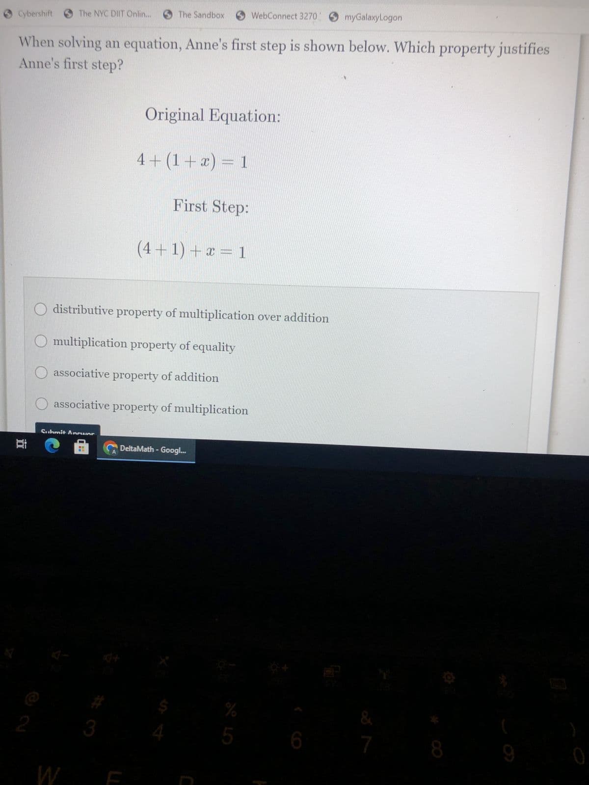 **When solving an equation, Anne's first step is shown below. Which property justifies Anne's first step?**

**Original Equation:**
\[4 + (1 + x) = 1\]

**First Step:**
\[(4 + 1) + x = 1\]

- o distributive property of multiplication over addition
- o multiplication property of equality
- o associative property of addition
- o associative property of multiplication

**Explanation:**
In the original equation, \[ 4 + (1 + x) = 1 \], Anne's first step is to rearrange the terms inside the parentheses. She changes it to \[ (4 + 1) + x = 1 \], which is an application of the **associative property of addition**. This property states that the way in which numbers are grouped in addition does not change their sum.