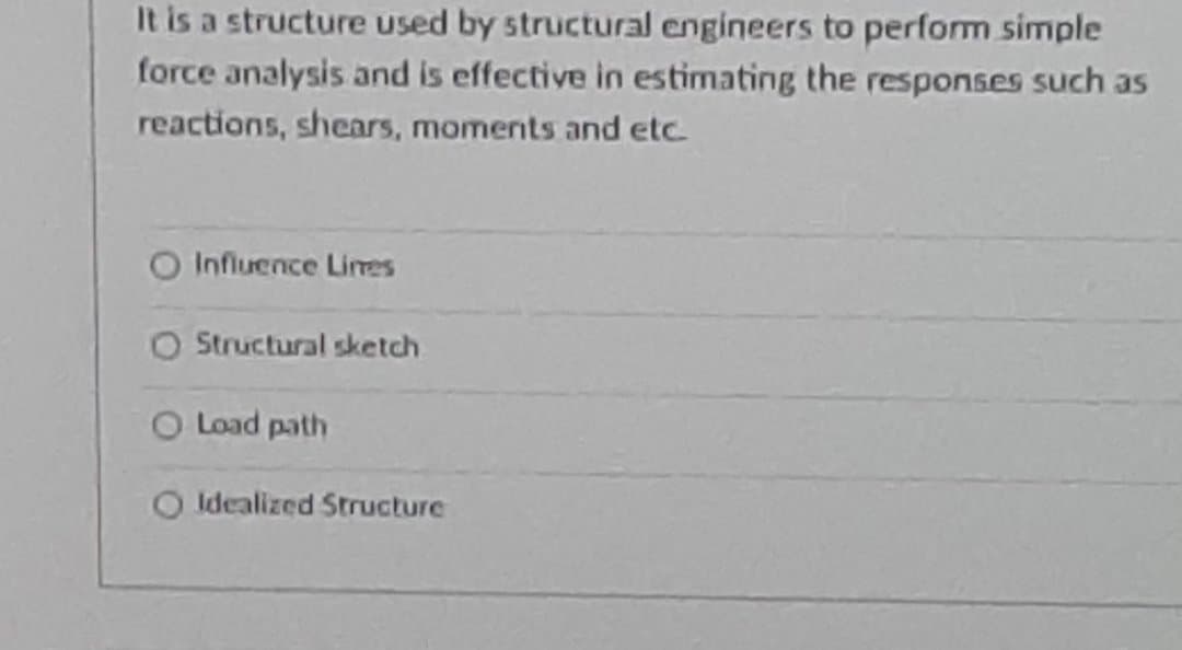 It is a structure used by structural engineers to perform simple
force analysis and is effective in estimating the responses such as
reactions, shears, moments and etc.
Influence Limes
O Structural sketch
O Load path
Oldealized Structure
