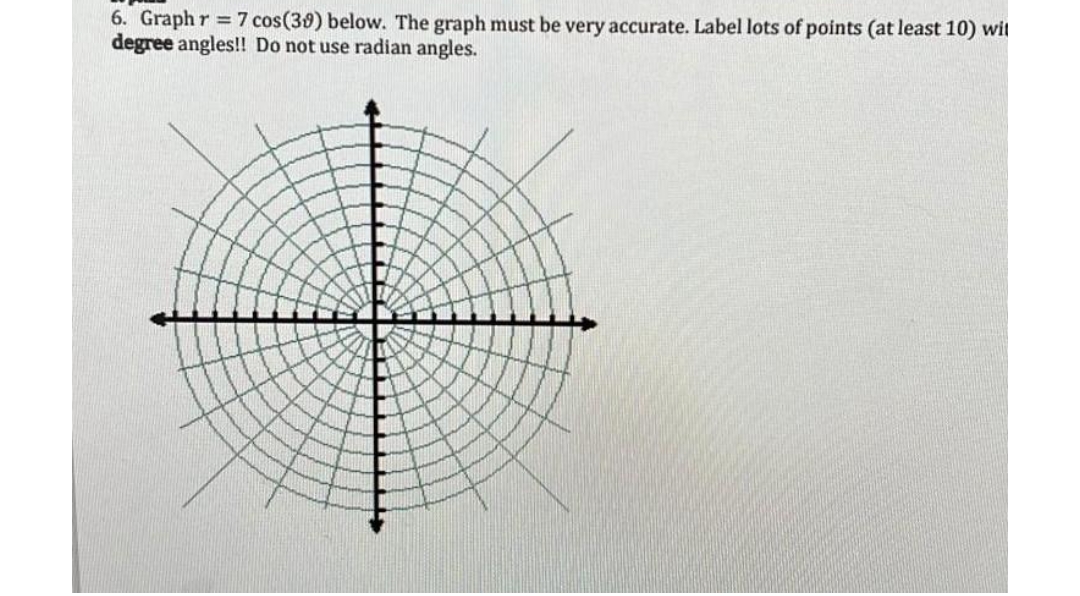 6. Graph r = 7 cos(30) below. The graph must be very accurate. Label lots of points (at least 10) wit
degree angles!! Do not use radian angles.
