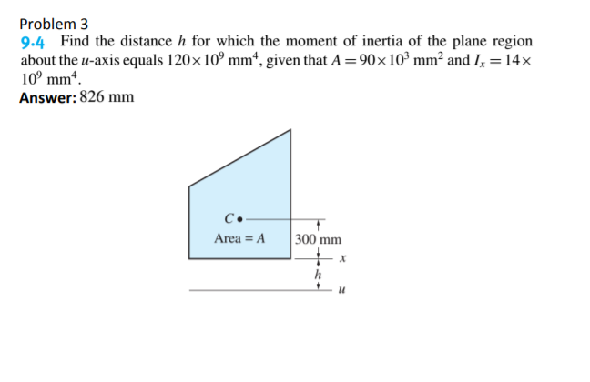 Problem 3
9.4 Find the distance h for which the moment of inertia of the plane region
about the u-axis equals 120× 10° mm“, given that A = 90x 10° mm² and I, = 14x
10° mm*.
Answer: 826 mm
C•-
Area = A
300 mm
h
u
