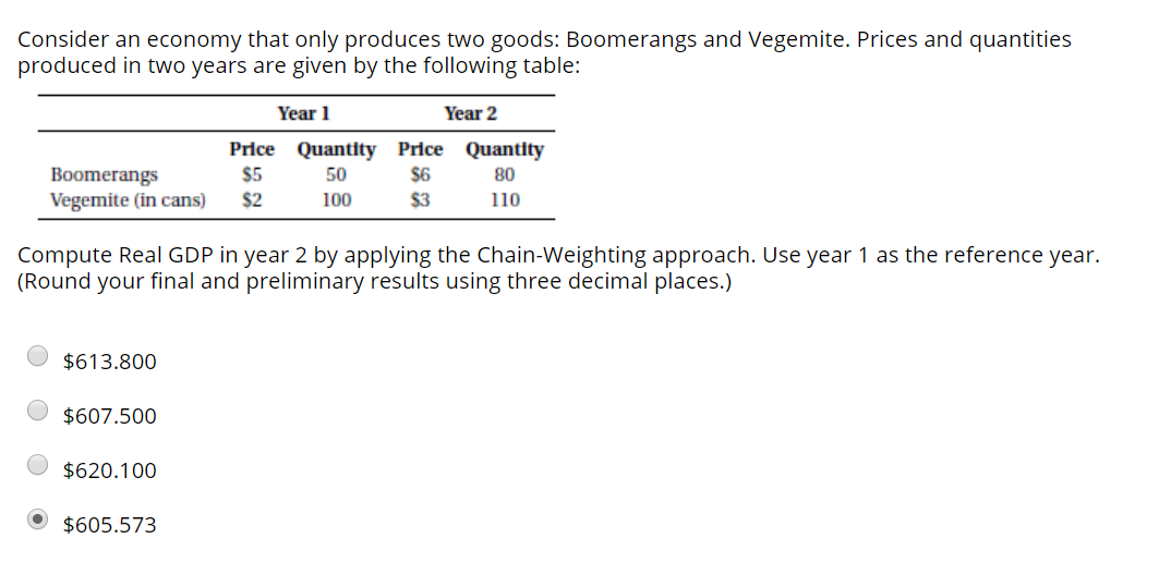 Consider an economy that only produces two goods: Boomerangs and Vegemite. Prices and quantities
produced in two years are given by the following table:
Price
Boomerangs
$5
Vegemite (in cans) $2
$613.800
$607.500
Year 1
$620.100
$605.573
Quantity
50
100
Compute Real GDP in year 2 by applying the Chain-Weighting approach. Use year 1 as the reference year.
(Round your final and preliminary results using three decimal places.)
Year 2
Price
$6
$3
Quantity
80
110