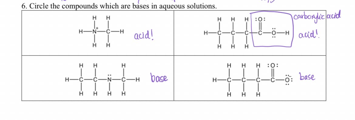 6. Circle the compounds which are bases in aqueous solutions.
H H
1+
H
#
·N· C -H
H
H
H H
H-C
th
C
H
H H H H
acid!
H
base
Н
THEY
H-
H
H
H
C
H
| carboxylic/acid
H :0:
H
-0-H acid!
base