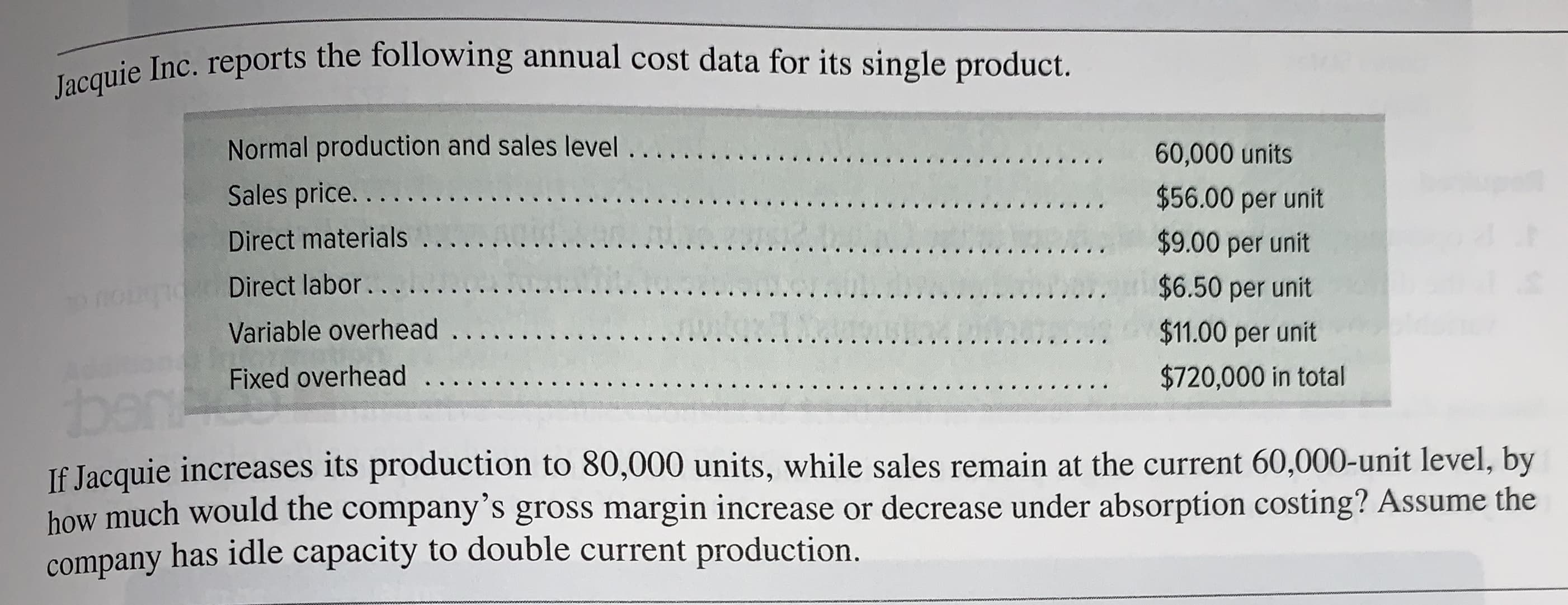 Jacquie Inc. reports the following annual cost data for its single product.
Normal production and sales level
60,000 units
Sales price.
$56.00 per unit
Direct materials
$9.00 per unit
Direct labor..
$6.50 per unit
Variable overhead ....
$11.00 per unit
Fixed overhead
$720,000 in total
benk
If Jacquie increases its production to 80,000 units, while sales remain at the current 60,000-unit level, by
how much would the company's gross margin increase or decrease under absorption costing? Assume the
company has idle capacity to double current production.
