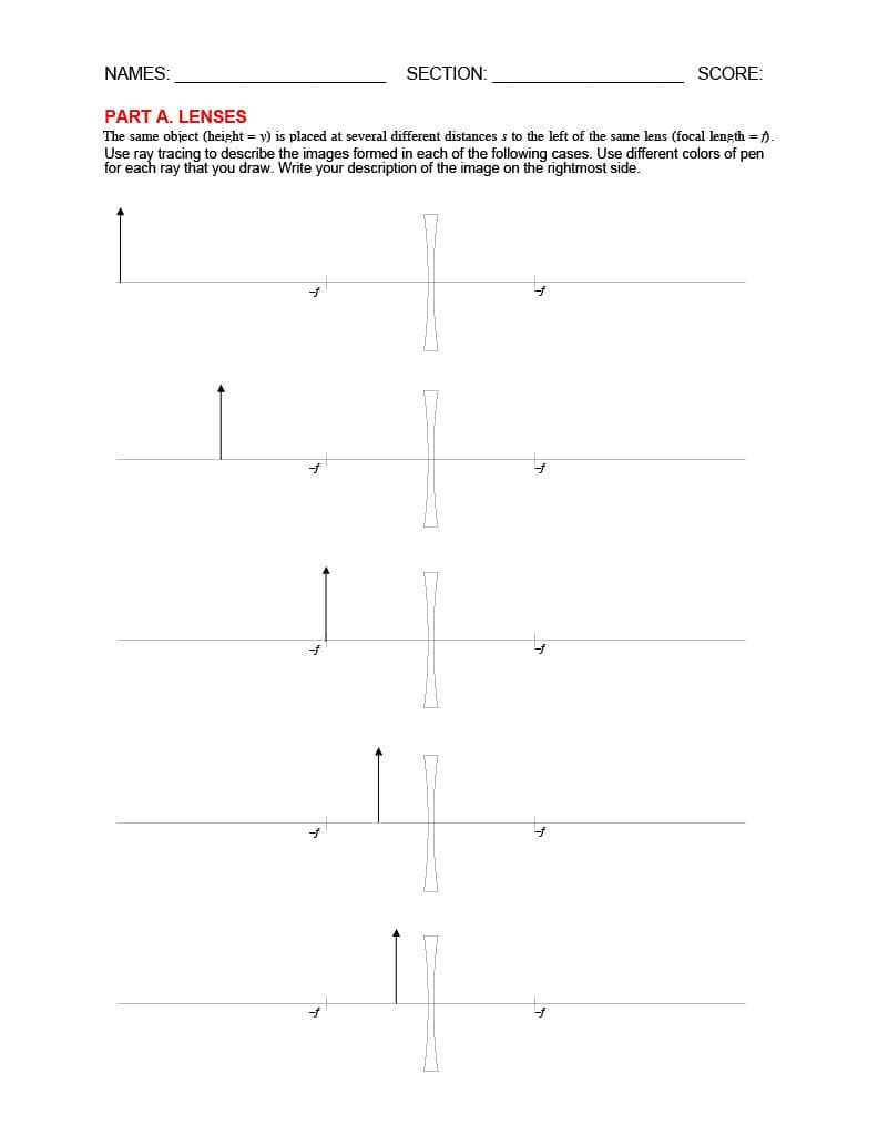 NAMES:
SECTION:
SCORE:
PART A. LENSES
The same object (height = y) is placed at several different distances s to the left of the same lens (focal length = f
Use ray tracing to describe the images formed in each of the following cases. Use different colors of pen
for each ray that you draw. Write your description of the image on the rightmost side.
