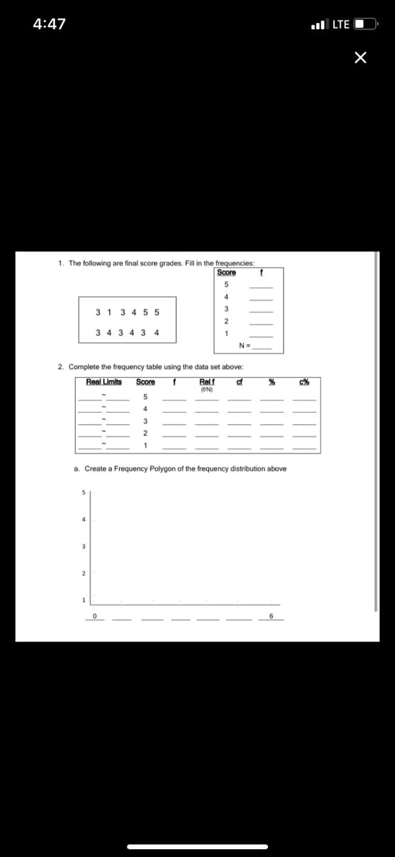 4:47
l LTE O
1. The following are final score grades. Fill in the frequencies:
Score
3 1 3 4 5 5
2.
3 4 3 4 3 4
1
N=
2. Complete the frequency table using the data set above:
Real Limits
Score
Relf
(UN)
of
c%
a. Create a Frequency Polygon of the frequency distribution above
4
3
2
1
