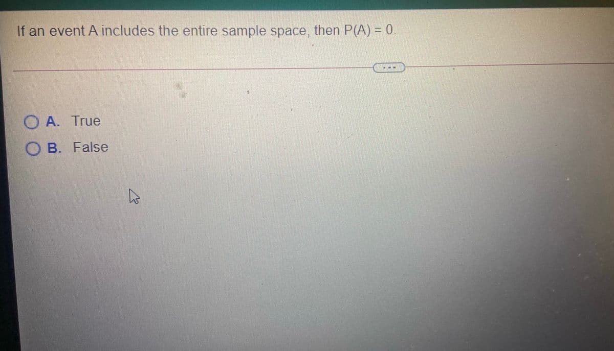 If an event A includes the entire sample space, then P(A) = 0.
%3D
O A. True
O B. False
