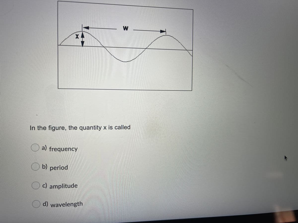 W
In the figure, the quantity x is called
a) frequency
b) period
c) amplitude
d) wavelength
