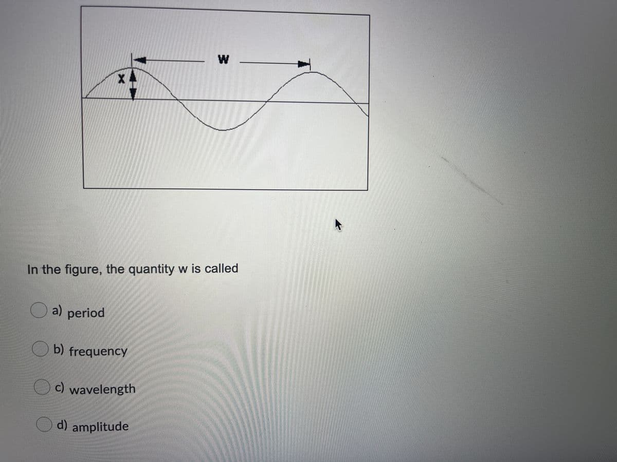 In the figure, the quantity w is called
O
a) period
Ob) frequency
c) wavelength
d) amplitude
