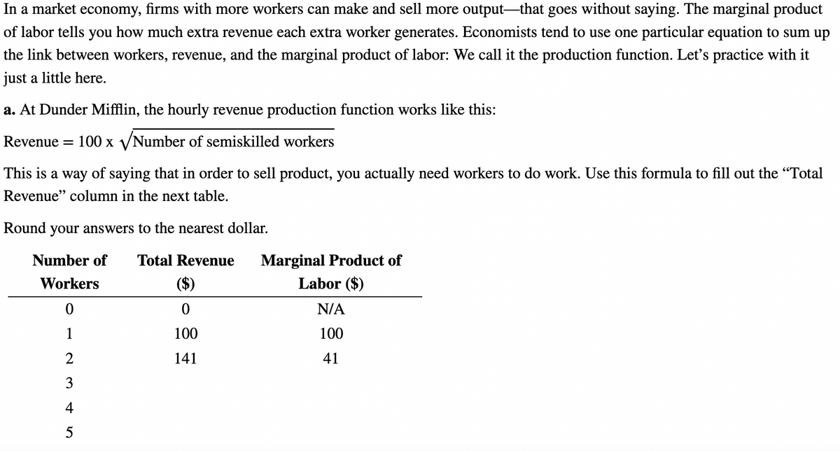 In a market economy, firms with more workers can make and sell more output-that goes without saying. The marginal product
of labor tells you how much extra revenue each extra worker generates. Economists tend to use one particular equation to sum up
the link between workers, revenue, and the marginal product of labor: We call it the production function. Let's practice with it
just a little here.
a. At Dunder Mifflin, the hourly revenue production function works like this:
Revenue
100 x VNumber of semiskilled workers
This is a way of saying that in order to sell product, you actually need workers to do work. Use this formula to fill out the "Total
Revenue" column in the next table.
Round your answers to the nearest dollar.
Marginal Product of
Labor ($)
Number of
Total Revenue
Workers
($)
N/A
1
100
100
2
141
41
3
4
5
