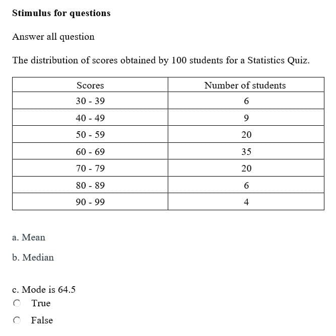 Stimulus for questions
Answer all question
The distribution of scores obtained by 100 students for a Statistics Quiz.
a. Mean
b. Median
Scores
30-39
40 - 49
50 - 59
60 - 69
70 - 79
80 - 89
90 - 99
c. Mode is 64.5
True
False
Number of students
6
9
20
35
20
6
4