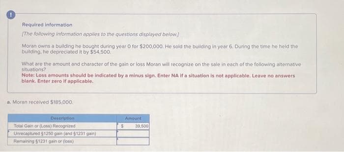 Required information
[The following information applies to the questions displayed below.]
Moran owns a building he bought during year 0 for $200,000. He sold the building in year 6. During the time he held the
building, he depreciated it by $54,500.
What are the amount and character of the gain or loss Moran will recognize on the sale in each of the following alternative
situations?
Note: Loss amounts should be indicated by a minus sign. Enter NA if a situation is not applicable. Leave no answers
blank. Enter zero if applicable.
a. Moran received $185,000.
Description
Total Gain or (Loss) Recognized i
Unrecaptured 51250 gain (and $1231 gain).
Remaining 51231 gain or (loss)
$
Amount
39,500