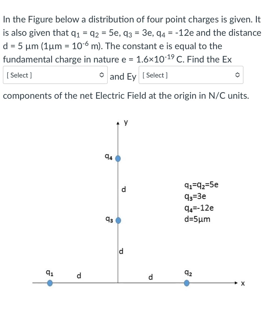 In the Figure below a distribution of four point charges is given. It
is also given that q1
d = 5 µm (1µm = 10-6 m). The constant e is equal to the
fundamental charge in nature e = 1.6×10-19 C. Find the Ex
92 = 5e, q3 = 3e, q4 = -12e and the distance
%3D
[ Select ]
* and Ey [Select ]
components of the net Electric Field at the origin in N/C units.
y
94
91=92=5e
93=3e
94=-12e
d-5μm
93
d
92
d
