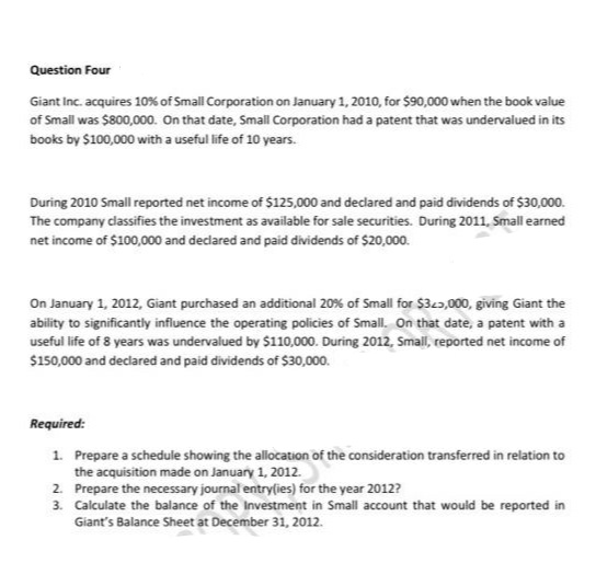 Question Four
Giant Inc. acquires 10% of Small Corporation on January 1, 2010, for $90,000 when the book value
of Small was $800,000. On that date, Small Corporation had a patent that was undervalued in its
books by $100,000 with a useful life of 10 years.
During 2010 Small reported net income of $125,000 and declared and paid dividends of $30,000.
The company classifies the investment as available for sale securities. During 2011, Small earned
net income of $100,000 and declared and paid dividends of $20,000.
On January 1, 2012, Giant purchased an additional 20% of Small for $325,000, giving Giant the
ability to significantly influence the operating policies of Small. On that date, a patent with a
useful life of 8 years was undervalued by $110,000. During 2012, Small, reported net income of
$150,000 and declared and paid dividends of $30,000.
Required:
1. Prepare a schedule showing the allocation of the consideration transferred in relation to
the acquisition made on January 1, 2012.
2. Prepare the necessary journal entry(ies) for the year 2012?
3. Calculate the balance of the Investment in Small account that would be reported in
Giant's Balance Sheet at December 31, 2012.
