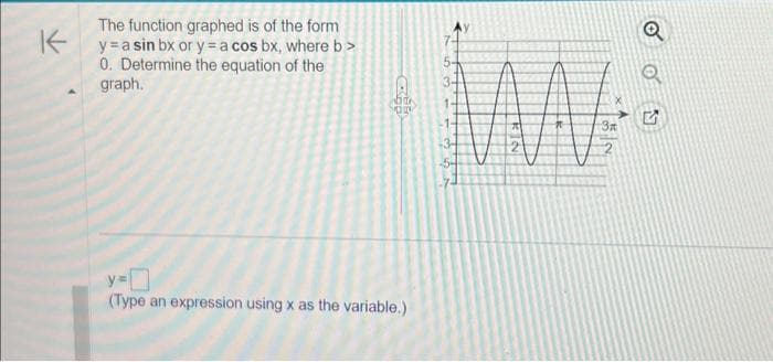 K
The function graphed is of the form
y = a sin bx or y= a cos bx, where b>
0. Determine the equation of the
graph.
y=
(Type an expression using x as the variable.)
5-
3
1
1
-3
54
MA
3x