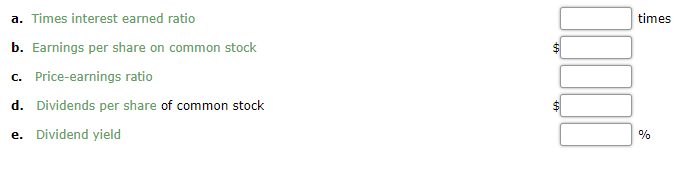 a. Times interest earned ratio
times
b. Earnings per share on common stock
c. Price-earnings ratio
d. Dividends per share of common stock
e. Dividend yield
%
%24
%24
