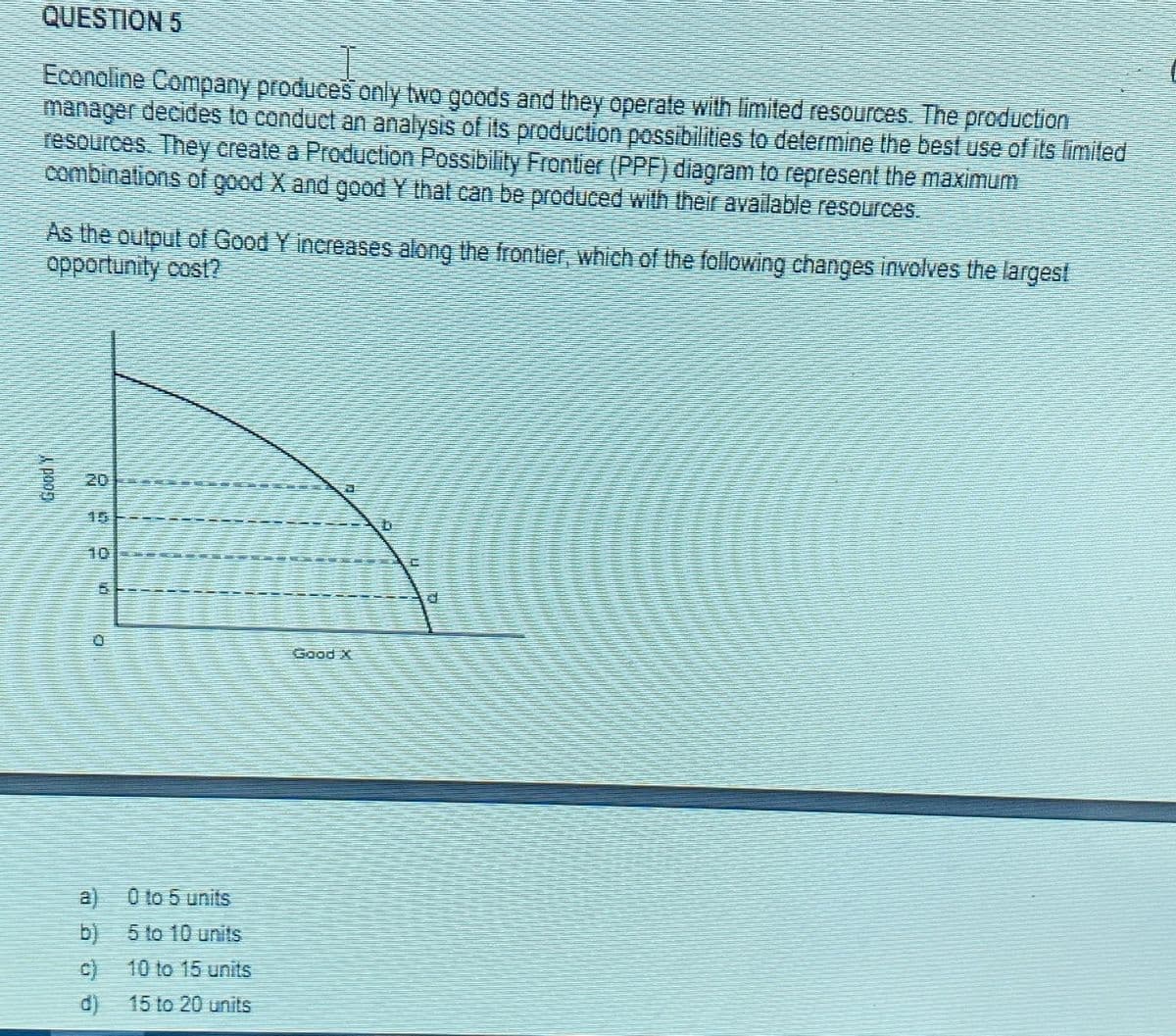 QUESTION 5
Econoline Company produces only two goods and they operate with limited resources. The production
manager decides to conduct an analysis of its production possibilities to determine the best use of its limited
resources. They create a Production Possibility Frontier (PPF) diagram to represent the maximum
combinations of good X and good Y that can be produced with their available resources.
As the output of Good Y increases along the frontier, which of the following changes involves the larges!
opportunity cost?
Good Y
ab
1
CIB
b)
c)
d)
0 to 5 units
5 to 10 units
10 to 15 units
15 to 20 units