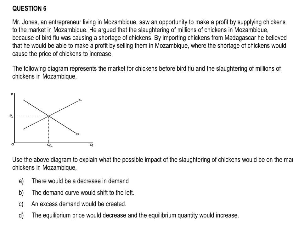 QUESTION 6
Mr. Jones, an entrepreneur living in Mozambique, saw an opportunity to make a profit by supplying chickens
to the market in Mozambique. He argued that the slaughtering of millions of chickens in Mozambique,
because of bird flu was causing a shortage of chickens. By importing chickens from Madagascar he believed
that he would be able to make a profit by selling them in Mozambique, where the shortage of chickens would
cause the price of chickens to increase.
The following diagram represents the market for chickens before bird flu and the slaughtering of millions of
chickens in Mozambique,
Use the above diagram to explain what the possible impact of the slaughtering of chickens would be on the mar
chickens in Mozambique,
a) There would be a decrease in demand
b)
The demand curve would shift to the left.
c) An excess demand would be created.
d) The equilibrium price would decrease and the equilibrium quantity would increase.