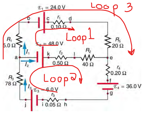 R₁
5.02
R3
78 Ω
E₁ = 24.0 V
0.100
d
Loop 3
Loop 1
48.0 V
4₁
k
12
R₂
0.50 Ω
40 Ω
13 E3
Loopa
60V
13
ww
R5
20 Ω
e
TA
0.20 £2
E4=36.0 V
g
i 0.05 h