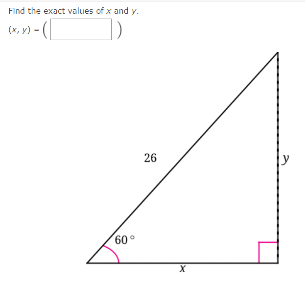 Find the exact values of x and y.
(х, у) 3D
26
60°
