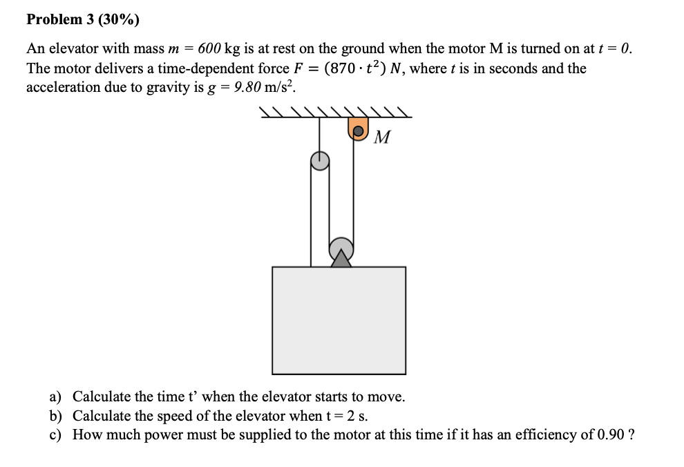 An elevator with mass m = 600 kg is at rest on the ground when the motor M is turned on at t = 0.
The motor delivers a time-dependent force F = (870 · t²) N, where t is in seconds and the
acceleration due to gravity is g = 9.80 m/s².
%3D
