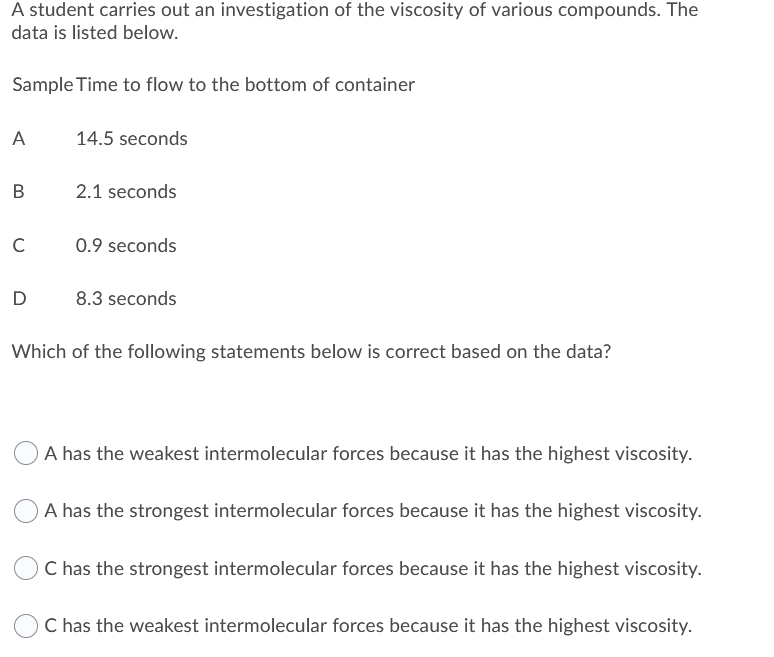 A student carries out an investigation of the viscosity of various compounds. The
data is listed below.
Sample Time to flow to the bottom of container
A
14.5 seconds
2.1 seconds
C
0.9 seconds
D
8.3 seconds
Which of the following statements below is correct based on the data?
A has the weakest intermolecular forces because it has the highest viscosity.
A has the strongest intermolecular forces because it has the highest viscosity.
C has the strongest intermolecular forces because it has the highest viscosity.
C has the weakest intermolecular forces because it has the highest viscosity.
